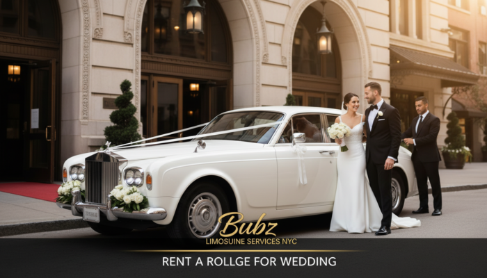 Wedding day: bride, groom, and luxury Rolls-Royce limo.