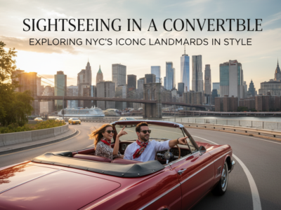 Couple in convertible sightseeing NYC skyline, Brooklyn Bridge at sunset.