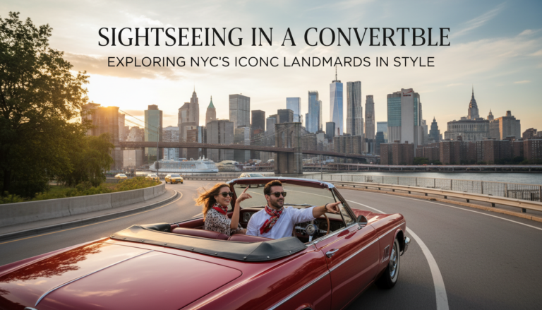 Couple in convertible sightseeing NYC skyline, Brooklyn Bridge at sunset.