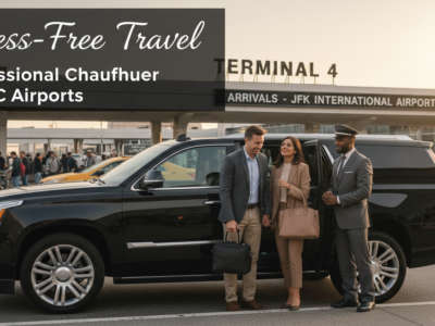 Professional chauffeur assists couple with luxury SUV at airport.
