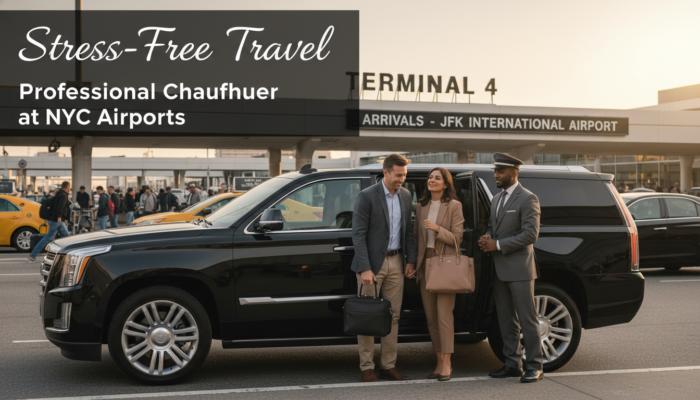 Professional chauffeur assists couple with luxury SUV at airport.