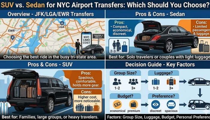 Infographic comparing SUV vs Sedan for NYC airport transfers.