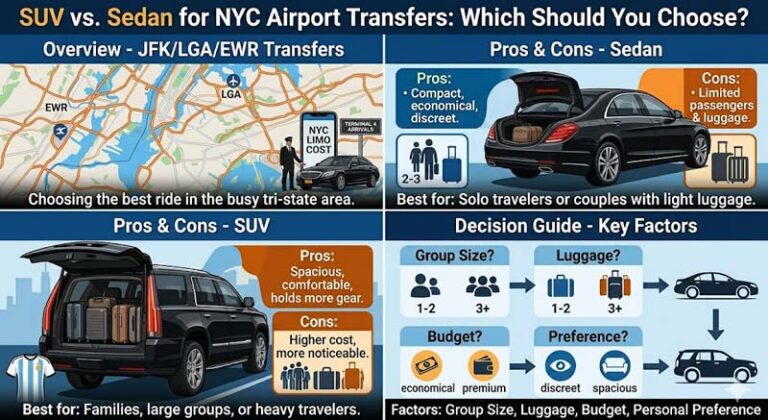 Infographic comparing SUV vs Sedan for NYC airport transfers.