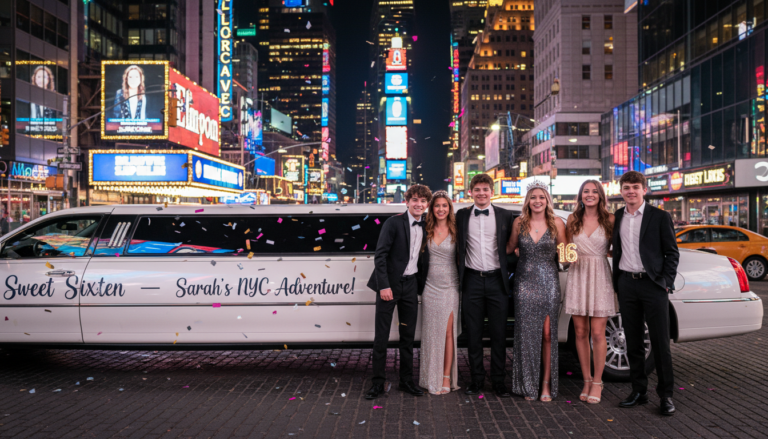 Sweet Sixteen celebration with limo and friends in Times Square.