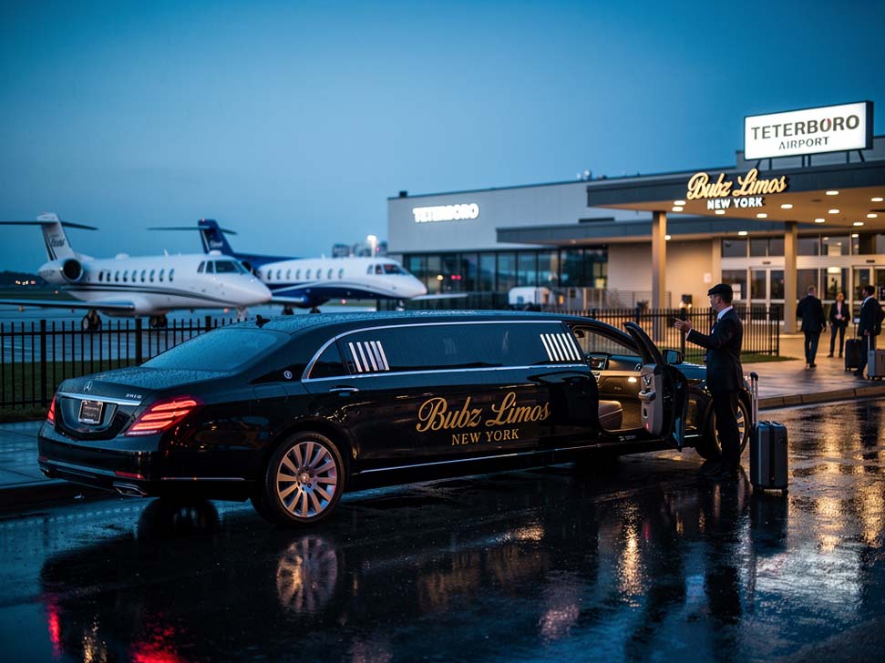 Bubz Limos luxury Mercedes limousine at Teterboro Airport.