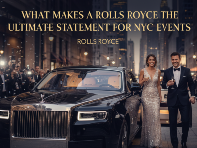 Luxurious Rolls Royce with elegant couple on red carpet, confetti falling.