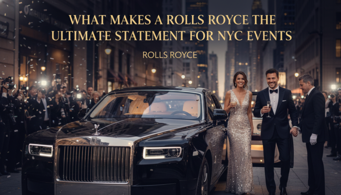 Luxurious Rolls Royce with elegant couple on red carpet, confetti falling.