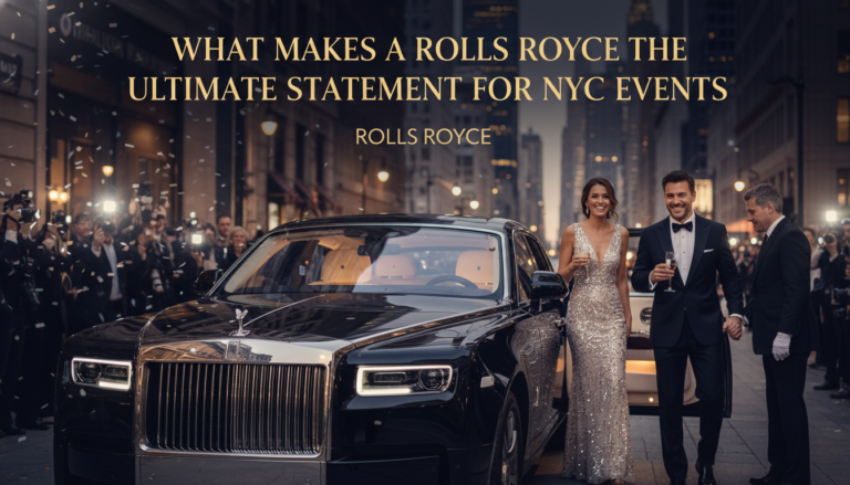 Luxurious Rolls Royce with elegant couple on red carpet, confetti falling.