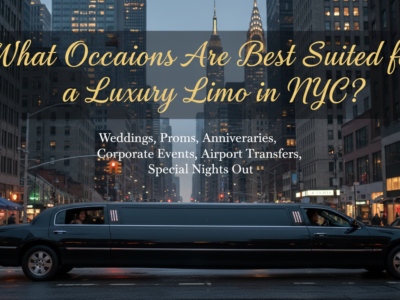 Black limousine in New York City with text about suitable occasions.