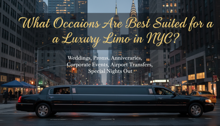 Black limousine in New York City with text about suitable occasions.