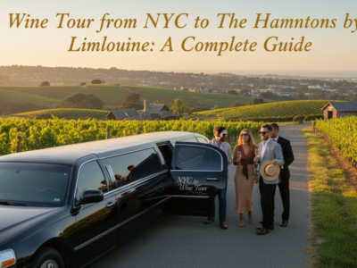 People exiting luxury limousine at vineyard for wine tour.