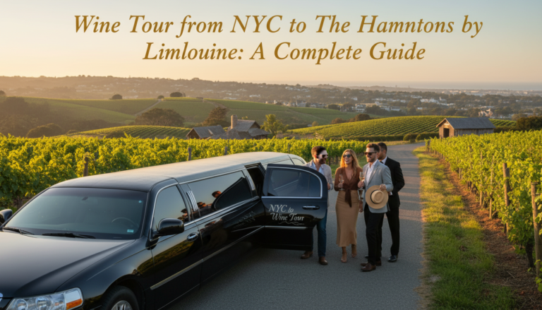 People exiting luxury limousine at vineyard for wine tour.