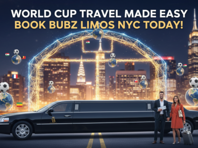 Bubz Limos NYC promo with limousine and city skyline.