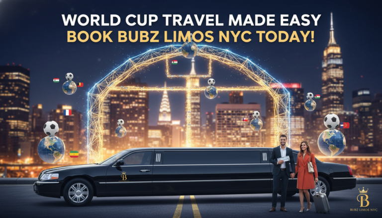 Bubz Limos NYC promo with limousine and city skyline.
