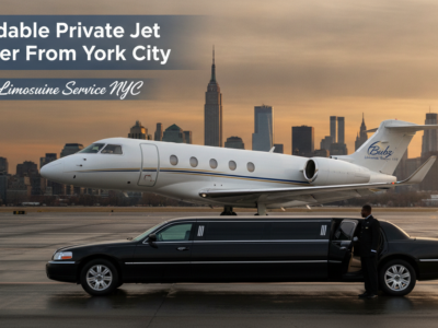 Private jet and limousine on NYC tarmac at sunset