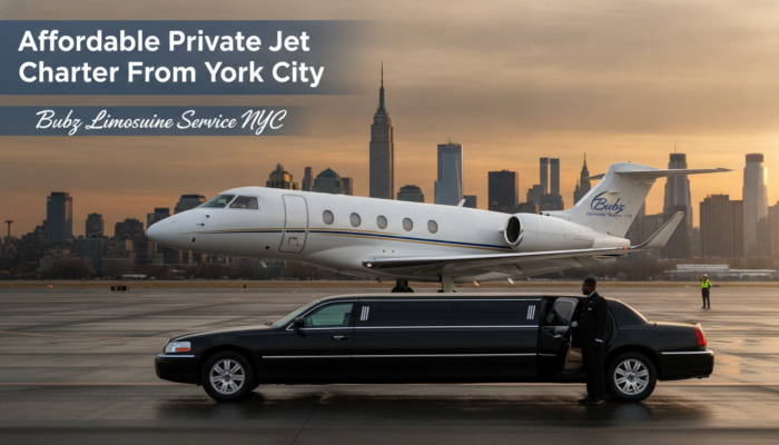 Private jet and limousine on NYC tarmac at sunset