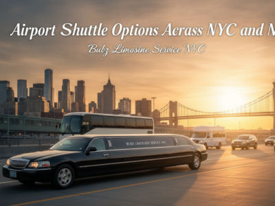 Black limousine and shuttle on highway with NYC skyline backdrop