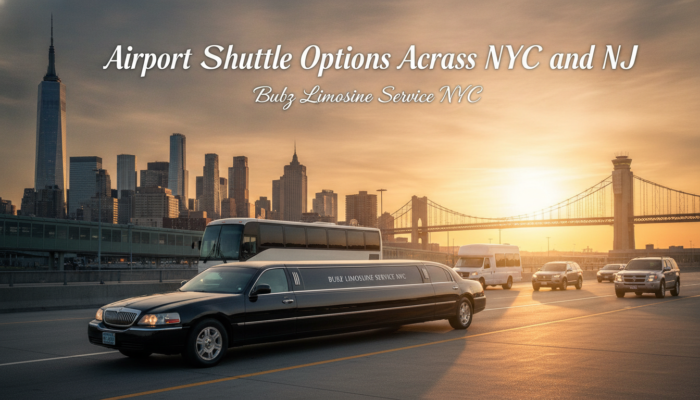 Black limousine and shuttle on highway with NYC skyline backdrop