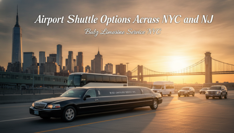 Black limousine and shuttle on highway with NYC skyline backdrop