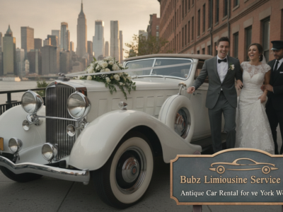 Bride and groom with vintage white wedding car NYC skyline