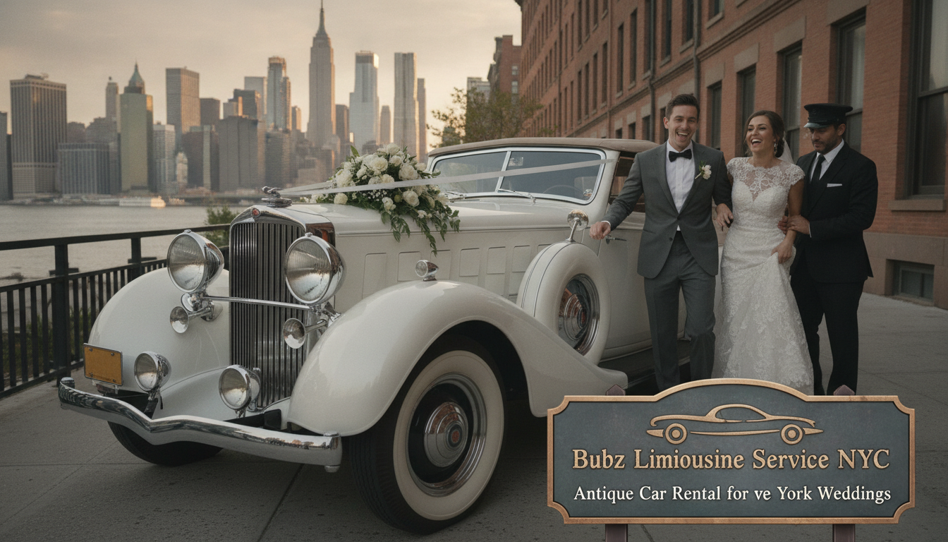 Bride and groom with vintage white wedding car NYC skyline
