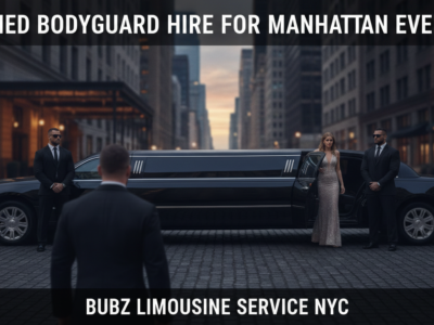 Armed bodyguards with stretch limousine in Manhattan NYC