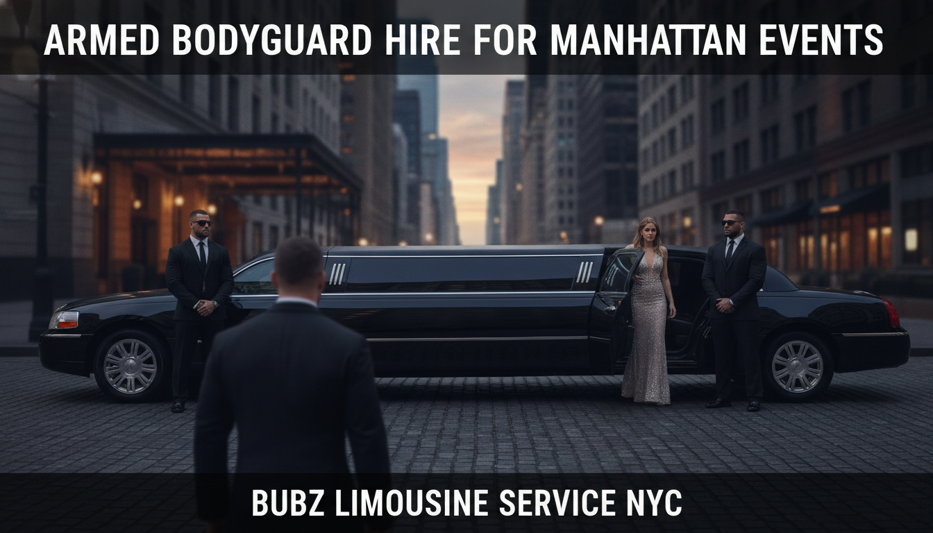 Armed bodyguards with stretch limousine in Manhattan NYC