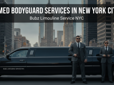Armed bodyguards standing beside black stretch limousine in NYC