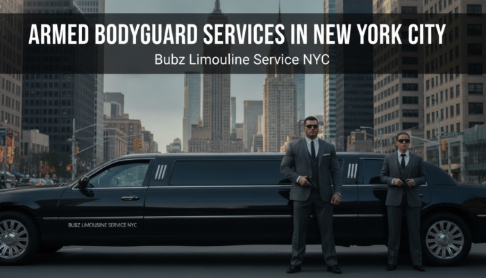 Armed bodyguards standing beside black stretch limousine in NYC