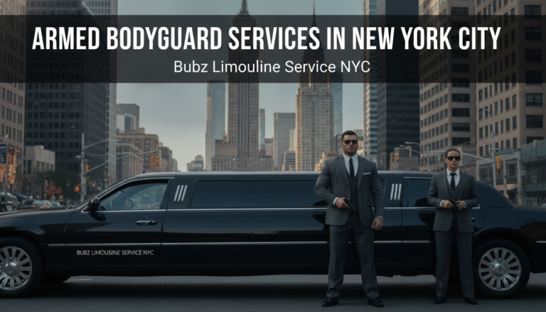 Armed bodyguards standing beside black stretch limousine in NYC