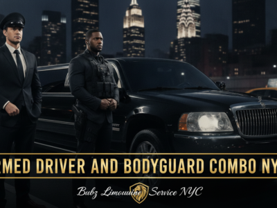 Armed driver and bodyguard beside black limousine NYC