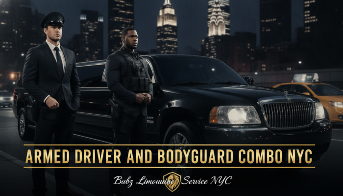 Armed driver and bodyguard beside black limousine NYC