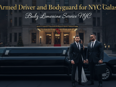 Armed driver and bodyguard with black limousine at NYC gala