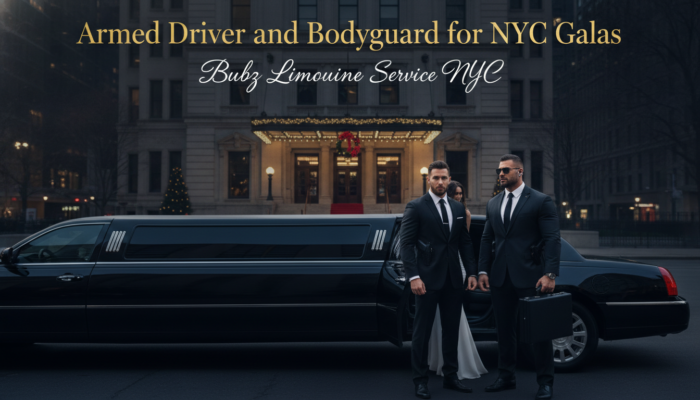 Armed driver and bodyguard with black limousine at NYC gala