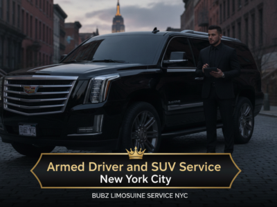 Armed driver standing beside black SUV in New York City