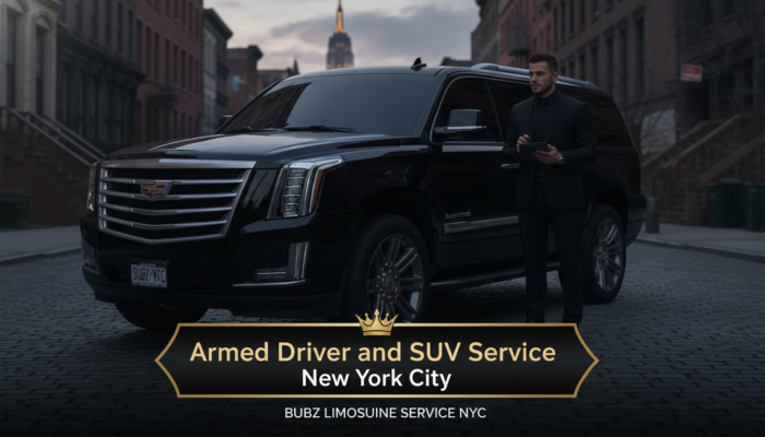 Armed driver standing beside black SUV in New York City