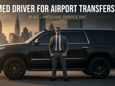 Armed driver standing by black SUV for NYC airport transfers