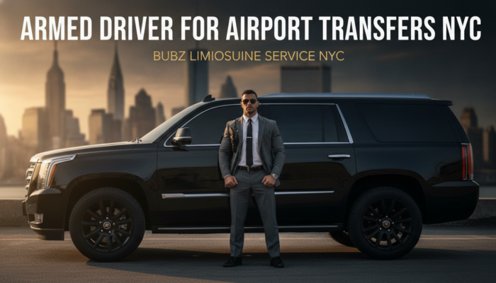 Armed driver standing by black SUV for NYC airport transfers