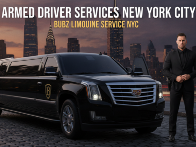 Armed driver beside black stretch limo, NYC skyline background