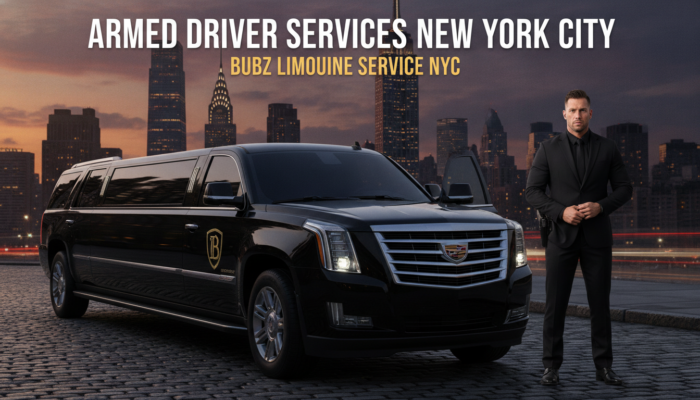 Armed driver beside black stretch limo, NYC skyline background