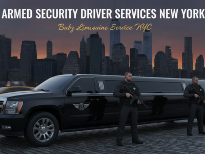 Armed security drivers with black limousine, New York City skyline