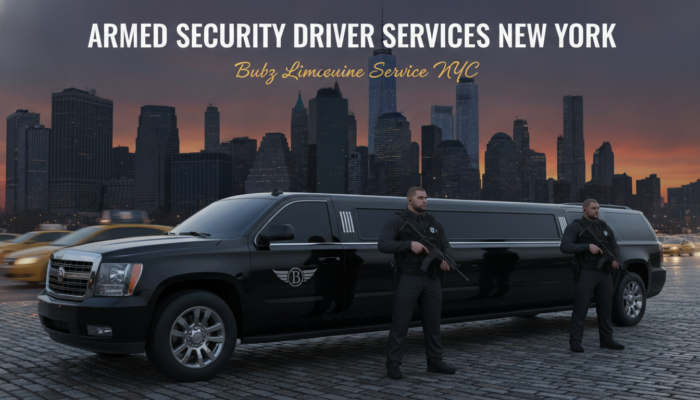 Armed security drivers with black limousine, New York City skyline