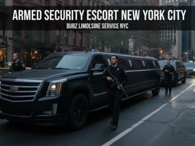 Armed security escorts black stretch limousine on NYC street