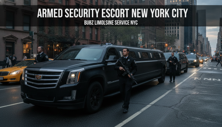 Armed security escorts black stretch limousine on NYC street