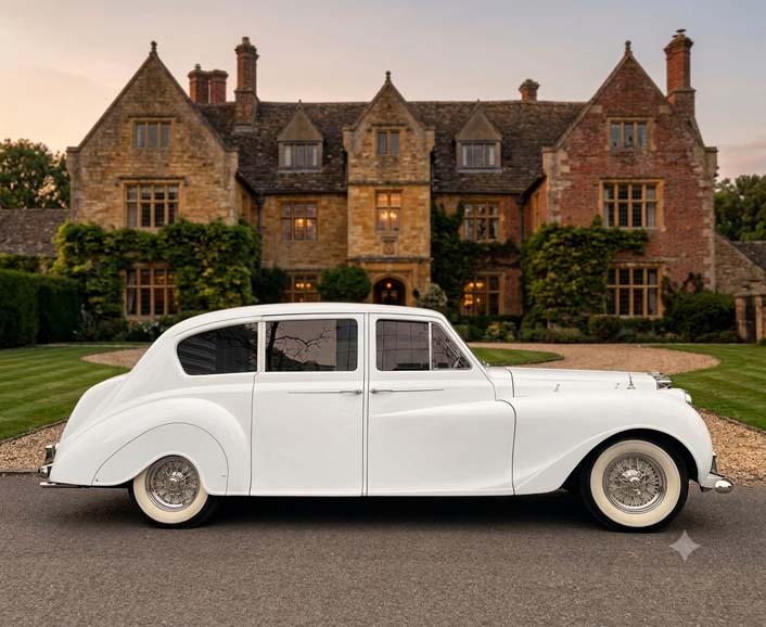White vintage car parked in front of a stone manor.