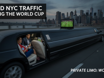 Limo service advertisement with NYC skyline and soccer theme.