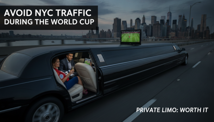 Limo service advertisement with NYC skyline and soccer theme.
