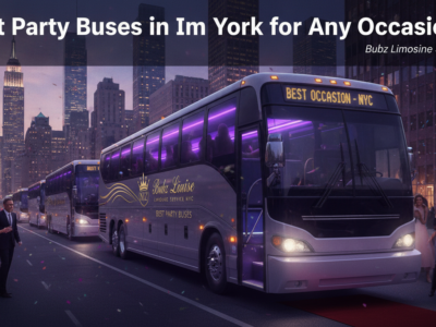 Luxury party buses on a New York City street.