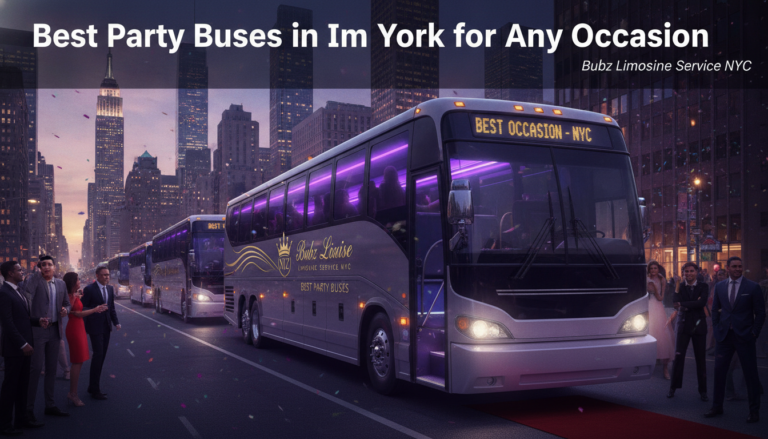 Luxury party buses on a New York City street.