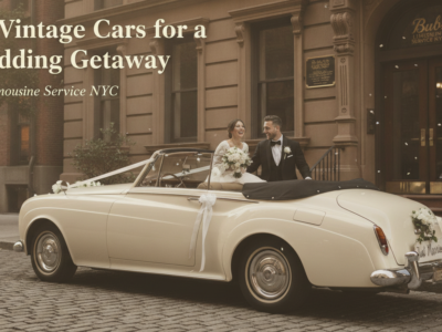 Newlyweds in a vintage convertible for a wedding getaway.